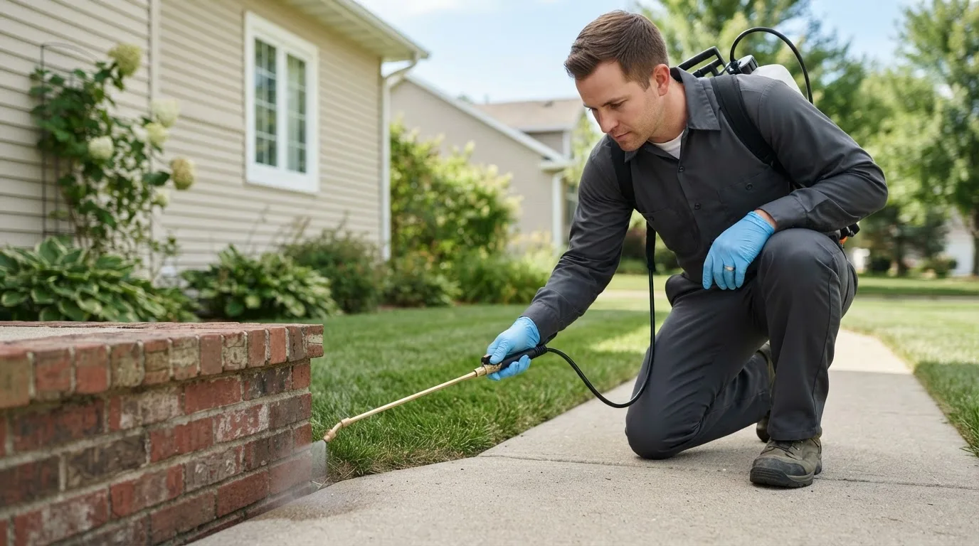 Pest control technician treating a home near Levering, MI