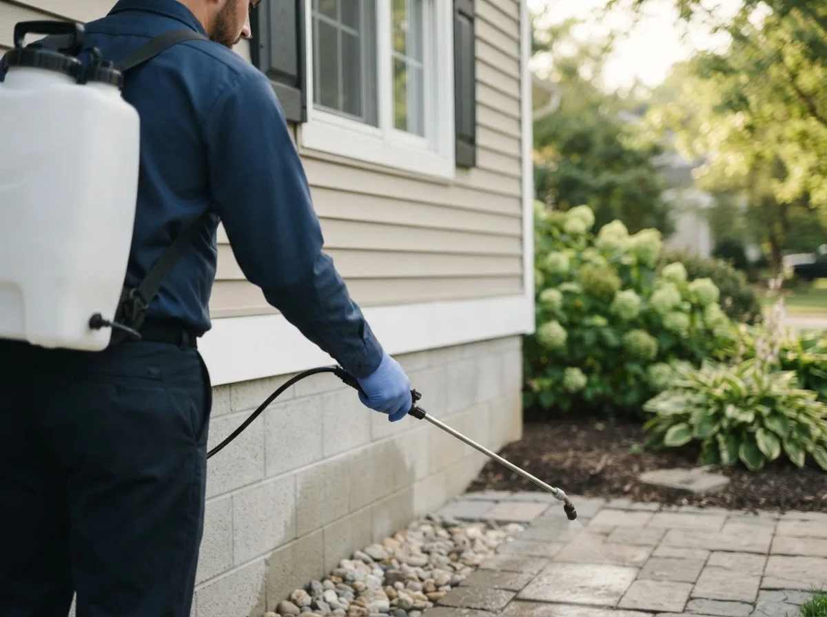 Pest control technician inspecting a home in Levering, MI